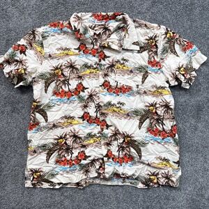 Mens L Barefoot in Paradise Hawaiian Shirt Multicolor Island Aloha Palm Vintage